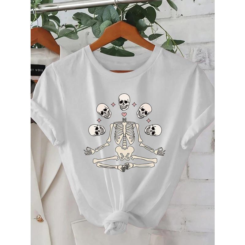 Women Black White Skeleton Print T-Shirt Crew Neck Short Sleeve Lightweight Summer Casual Top