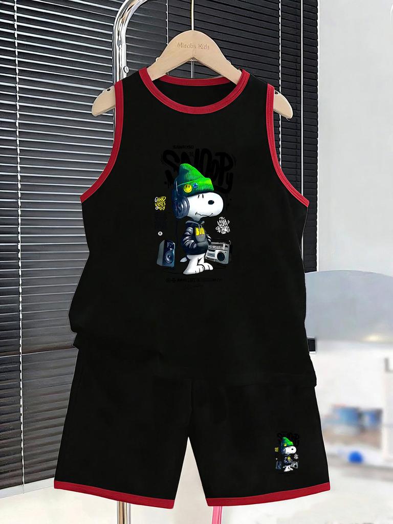 Boys classic cartoon dog streetwear short set. Hip-hop urban style, breathable material for school and fashion daily wear.