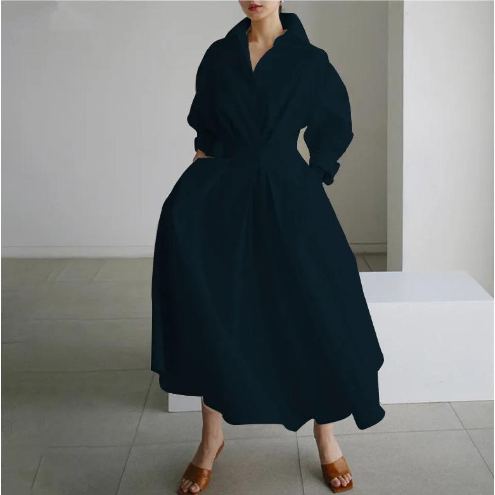 

Elegant Women Spring Sundress Lapel Neck Long Sleeve Black Dress Solid Long Shirt Dress OL Vestidos Robe Streetwear XXXL темно-синий