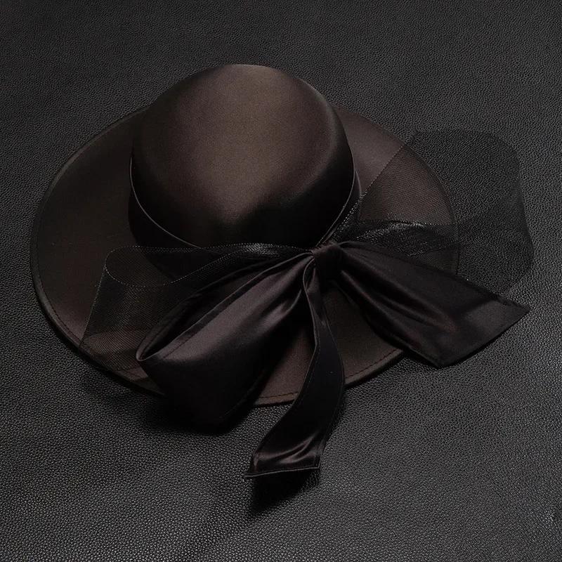 Dámský klobouk se saténovou mašlí ve francouzském stylu - Elegantní svatební fedora a sluneční klobouk pro banket, svatební večírek