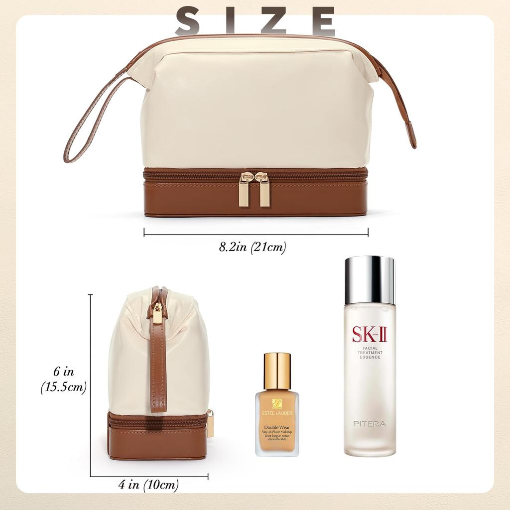 Lumayina Makeup Pouch Vanity Case with Cosmetic Storage Travel Stylish and Cute 2-in-1 & Mirror, Box, Lightweight, Waterproof, & Gift, (White & Brown)