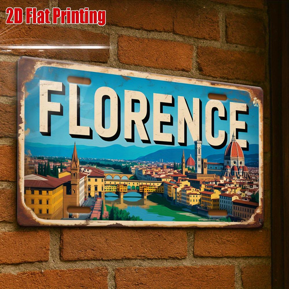 2D Flat Single Pizza Cityscape Metal License Plate, Perfect for Art Studios, Book Cafes, Italian Kitchens,and Historical Corners