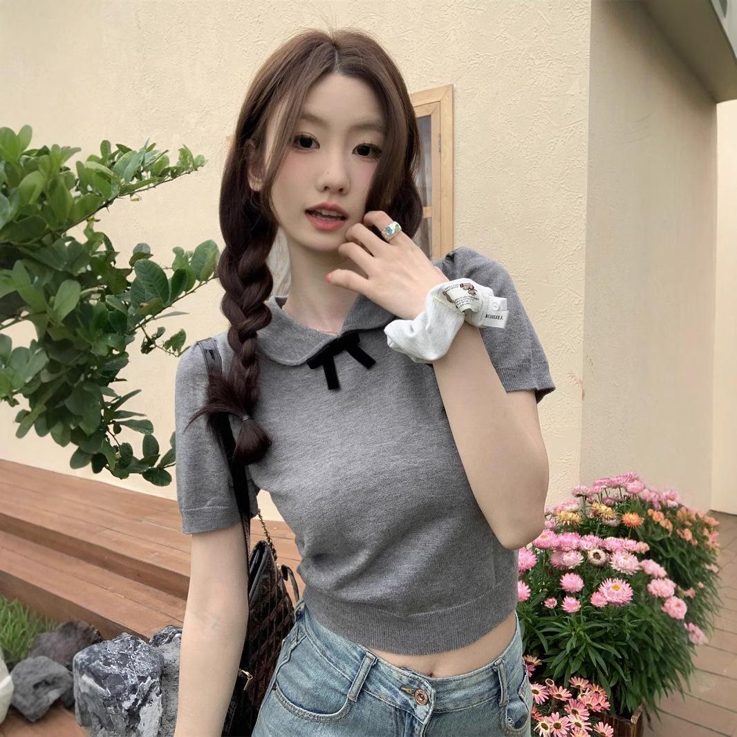 

Gray Peter Pan Collar Bow Short Sleeve Knit Women s Top - Summer 2025 Sweet Slim Fit One Size [High Quality]