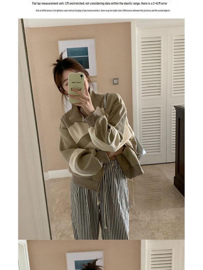 Women's Retro Colorblock Stand-Up Collar Sweatshirt Jacket, Spring/Autumn 2025, Casual Loose Baseball Cardigan.