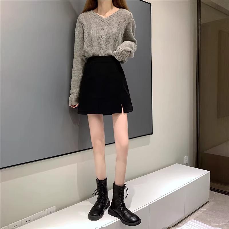 Women's High Waist Corduroy A-line Slit Bodycon Midi Skirt for Autumn/Winter