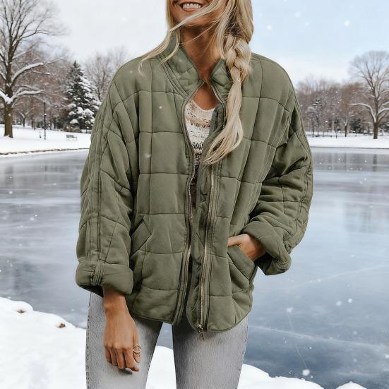 Jaqueta Puffer Acolchoada Feminina Leve com Zíper Casaco Acolchoado de Penas Inverno Quente Manga Longa Roupa Exterior com Bolsos