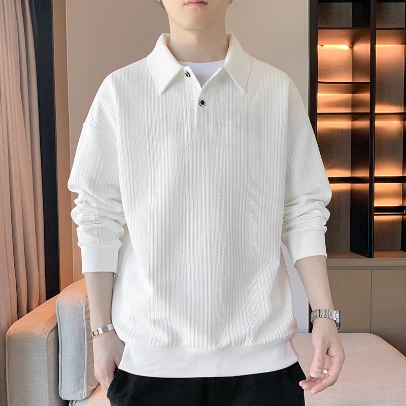 

Men s Textured Knit Polo Sweatshirt, White Long Sleeve Casual Top with Button Collar, Regular Fit Streetwear Style for Daily Wear M