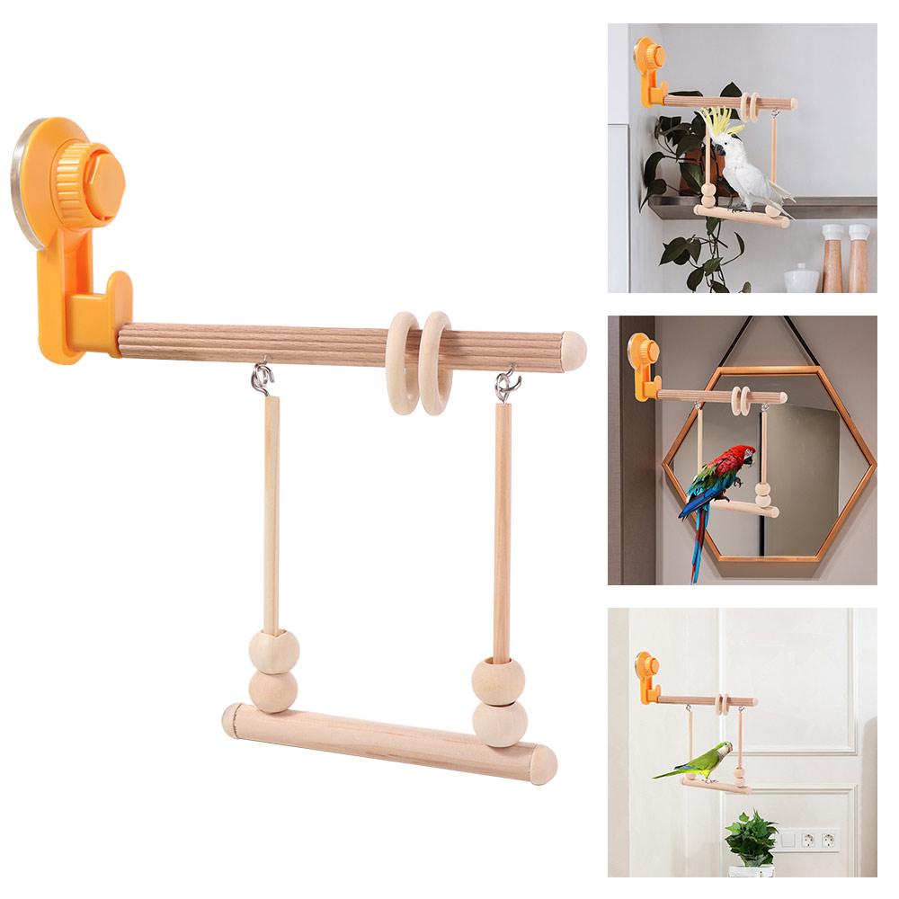 Platform Suction Cup Parrot Stand Wooden Wall Parakeet Swing Suspended with Stand Pole Parrot Training Rack for Cage Hanging