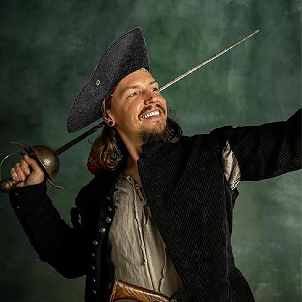 Klobouk kapitána Pirátský klobouk Jack Cosplay Pirátský třírohý klobouk pu kůže Pirátský klobouk Vintage Umělá kůže Knoflík Maškarní párty Čepice