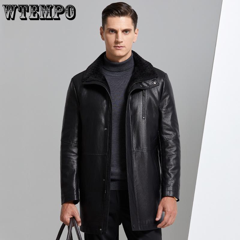 Zimní kožená vycpaná zesílená pánská kožená bunda středního věku Uprostřed dlouhé části vlny Jednokožená bunda Pánský kabát