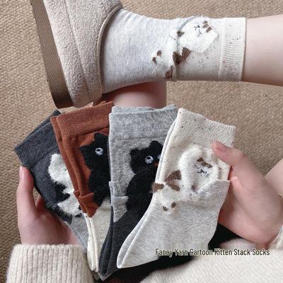 Cartoon Cat Plush Women's Mid-Calf Socks - Autumn/Winter Cotton, Boneless Korean Style