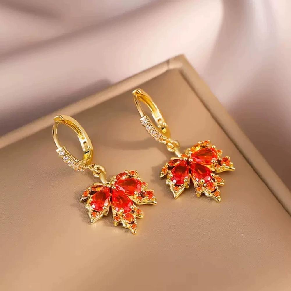 New Golden Red Zircon Maple Leaf Earrings Rings Bracelets Necklaces Women's Trendy Temperament High-end Retro Unique Jewelry