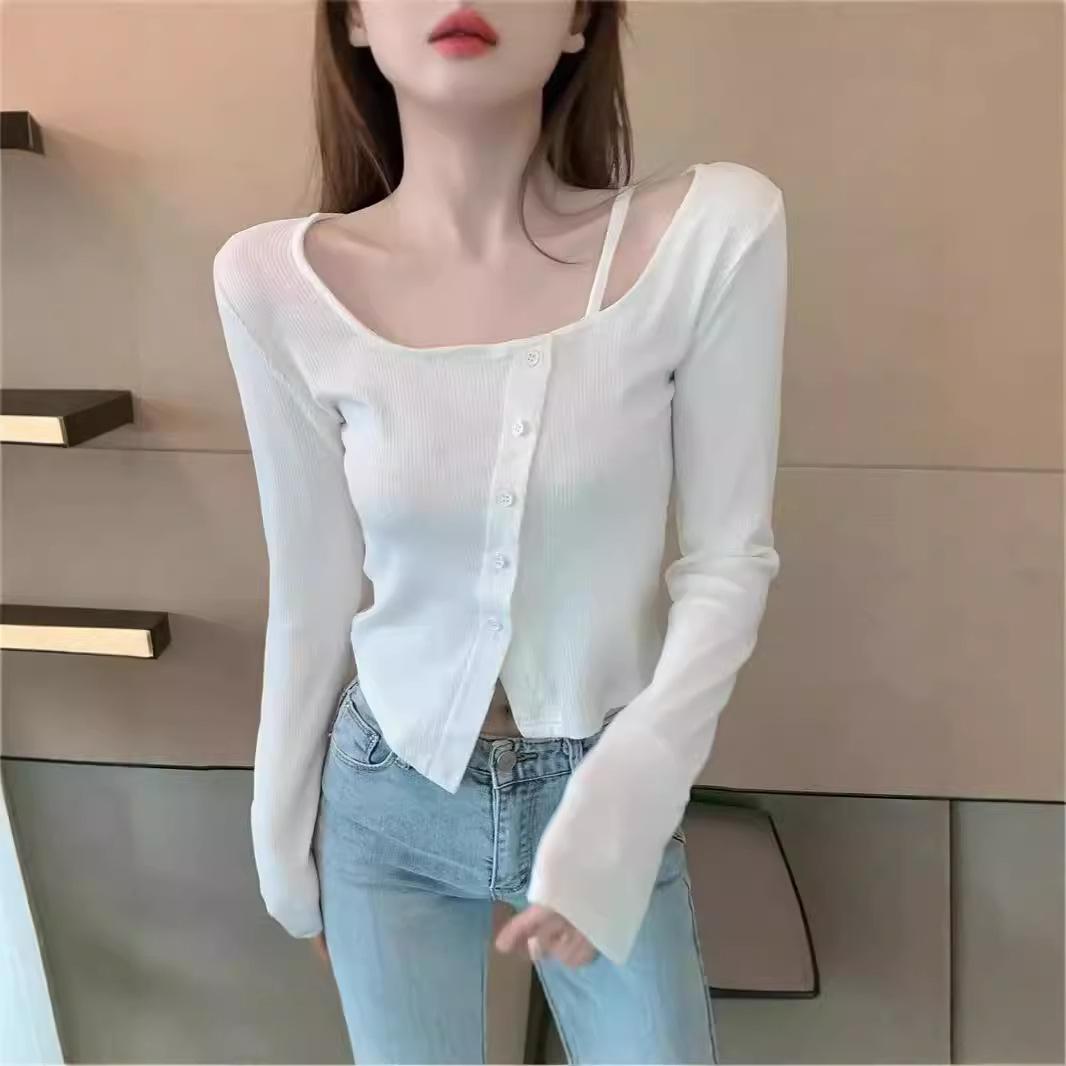 

Irregular Short T-shirt Women s Autumn Clothes New Inner Long-sleeved High-waisted Slim-fit Top 3XL чорний