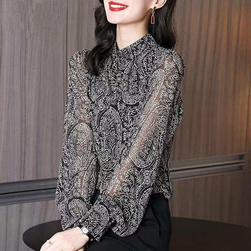 Spring Top, Small Shirt, Long Sleeved Shirt, Women's Floral and Age Reducing Chiffon Shirt