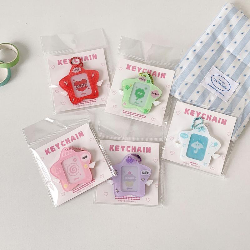 Ins Style Korean Style Pentagram Wings Hard Card Folder Brick Acrylic 1 Inch Id Photo Storage Display Pendant Keychain Ornaments