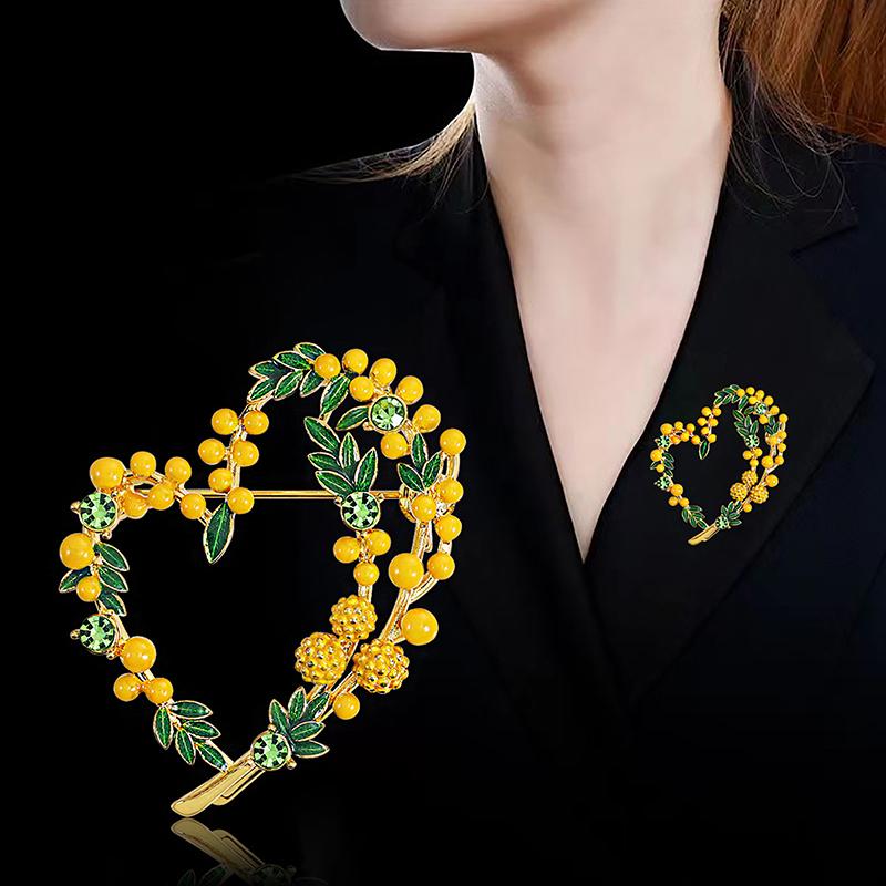 Mimosa Brooch Beautiful Fruits Heart Brooches For Women Unisex 2-Color Enamel French Style Love Party Office Brooch Pins Gifts
