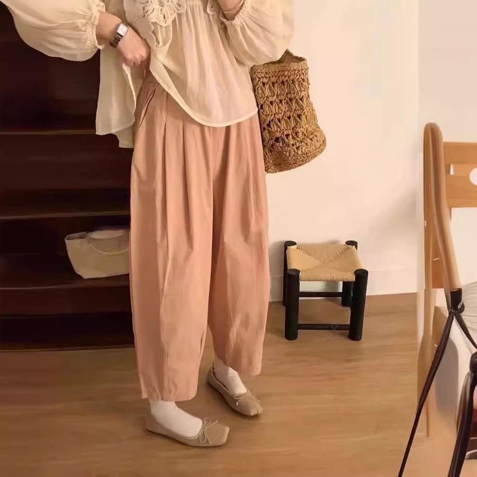 Cotton UL Japanese Style Women's Wide Leg Carrot Pants with Elastic Waist, Petite Loose Fit, Suitable for Spring, Summer, and Autumn.