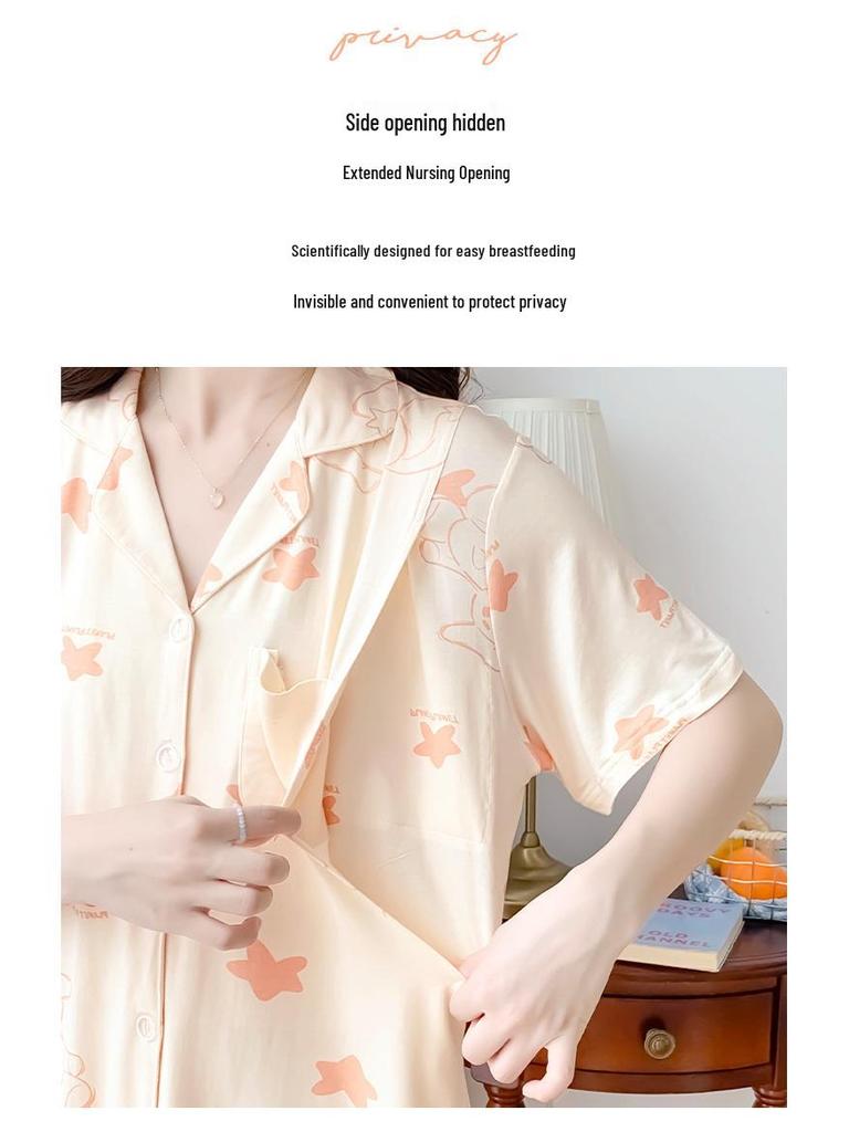 Plus Size Modal Cotton Maternity Pajamas - Short & Long Sleeve with Breast Pads for Nursing Moms