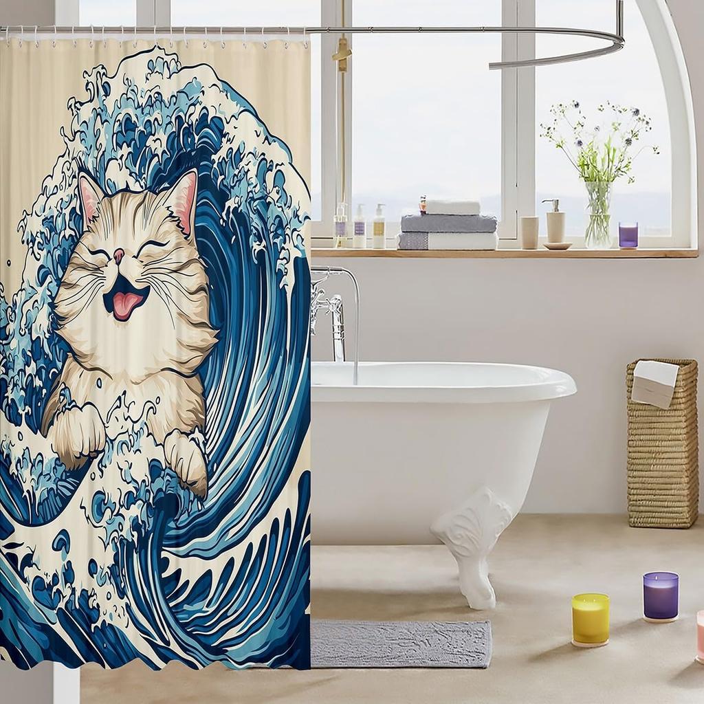 Cat Shower Curtain Japanese Style Bathroom Shower Curtain Sets for Kids Boys Girls Teens,Ocean Wave Fabric Shower Curtain