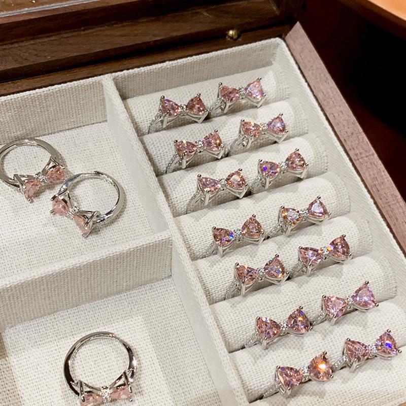 Chic Pink Geometric Diamond Butterfly Bow Ring For Women Trendy Adjustable Band Copper