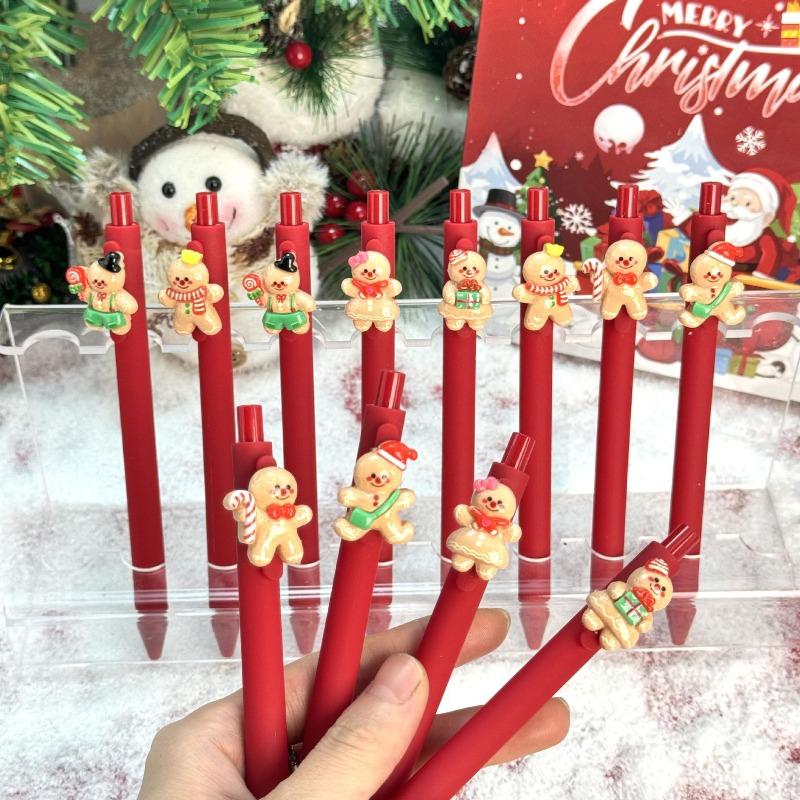 10Pcs Gingerbread Man Patch -Themed Retractable Ballpoint Pens - Red Soft Grip Pens with Random Gingerbread Man Patch Designs, Fine Point, Ideal for S