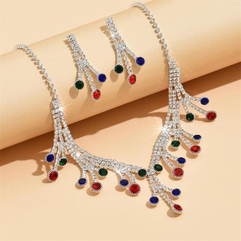 Color Fashion Necklace Earrings Set Wave Diamond Rhinestone Simple Necklace Women'S Dinner Necklace Accessories