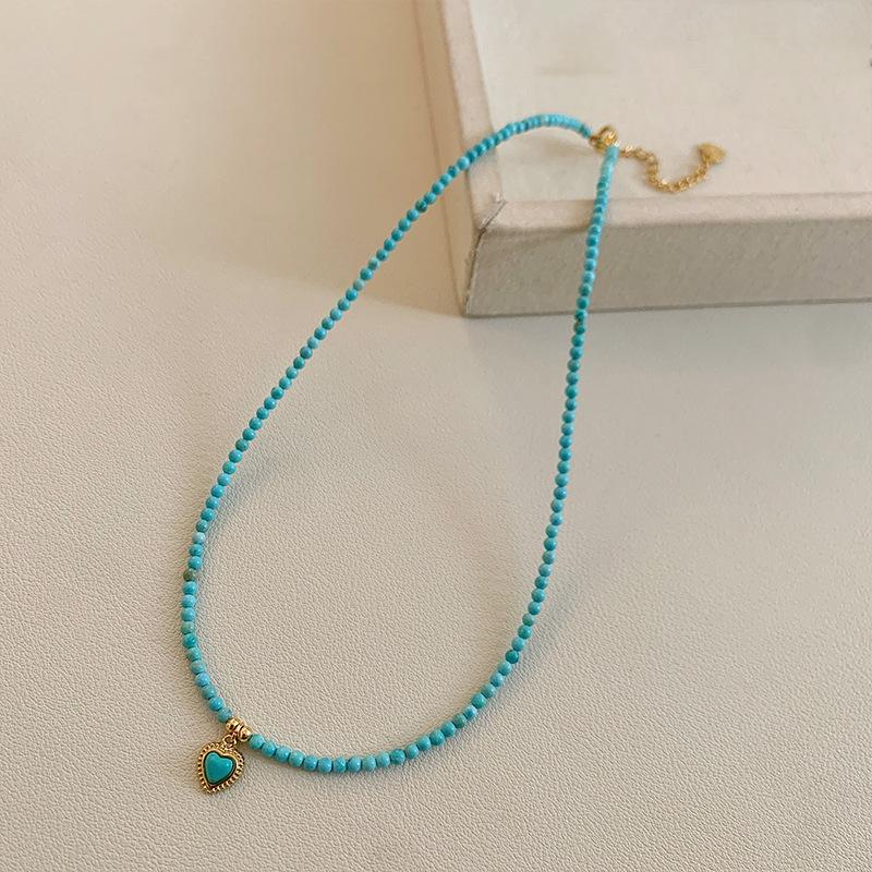 Blue Turquoise Love Pendant, Titanium Steel Necklace, Niche Design, Fashionable, Simple and Versatile, High-end Exquisite Necklace Women
