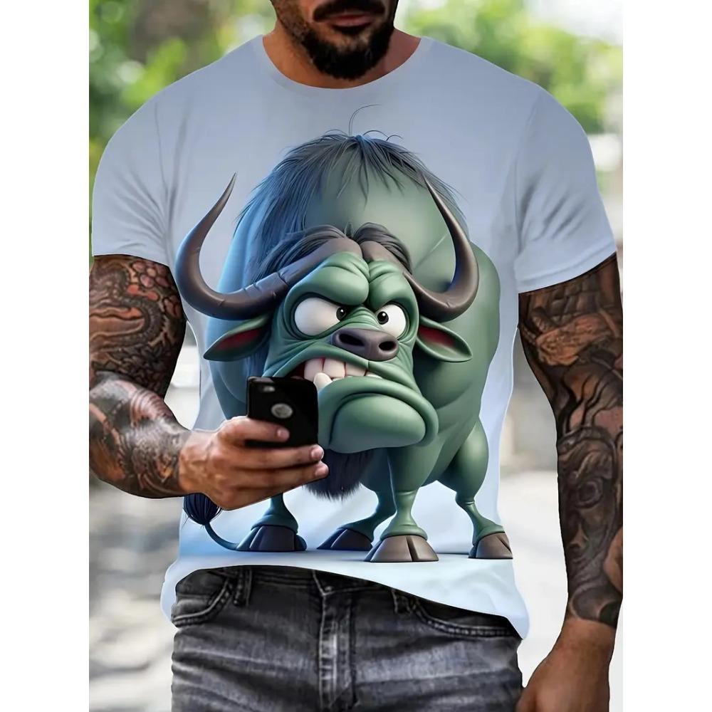 Men'S Casual Crew Neck T-Shirt With 3D Bull Print New In Short Sleeve Oversized Funny Bull Graphic Tshirts For Men Camisetas
