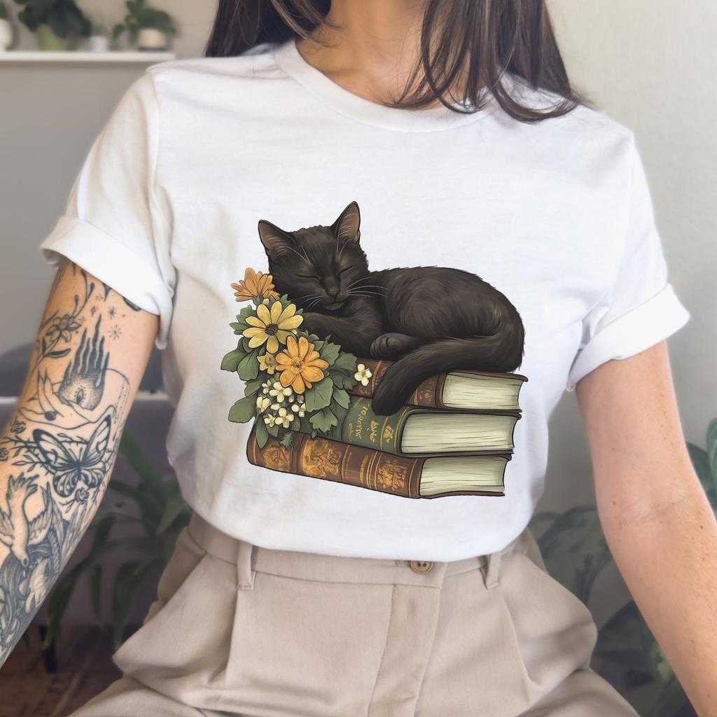Floral Book Cat Mom Shirt: Book Lover Unisex Tee