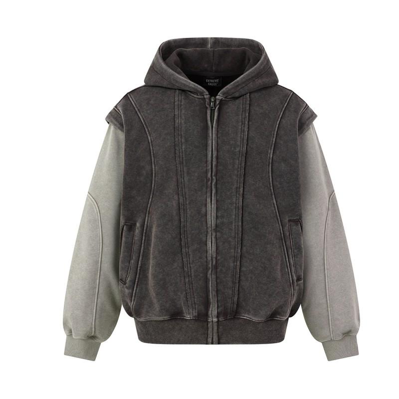 Mens Oversized Hooded Zip-Up Sweatshirt With Washed Vintage Look Cotton Blend Casual Streetwear
