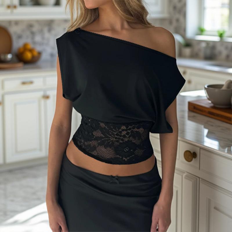 Fashion Inclined Shoulder Lace See Through Patchwork T-Shirt Summer Sexy Women'S Elegant Crop Tops Solid Casual Slim Fit Y2K Top Party Club Clothes