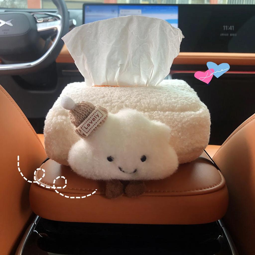 1 Pack Adorable Plush Cloud Car Tissue Holder Bow Knit Hat Car Headrest Tissue Box for Women Girls Auto Interior Decor