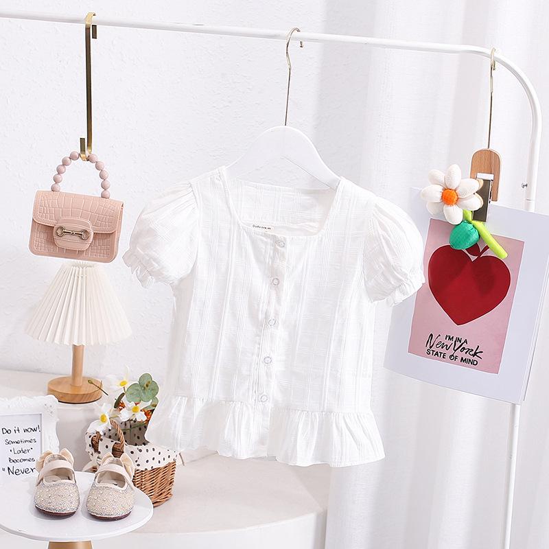 Girls Summer Jacquard Blouse Stylish Baby Doll Shirt Short Sleeve Top For 2-7 Years Old Kids