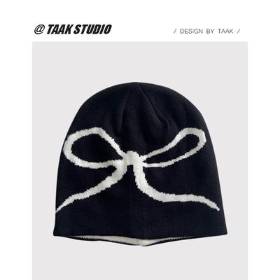 Bow Printed Knitted Hat Women's Autumn and Winter Cute Versatile Pullover Cold Hat Wool Hat