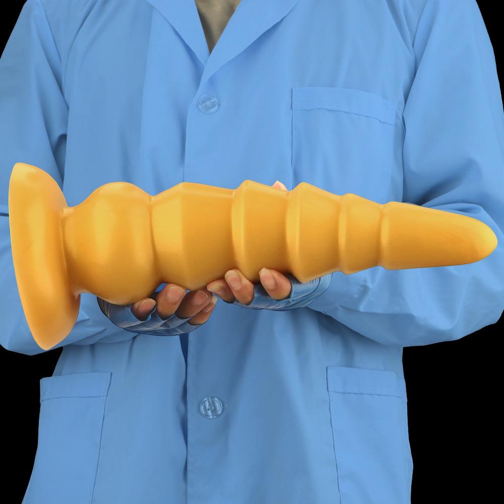 Extra velký zlatý žebrovaný silikonový anální kolík Velký penis Realistické dildo Hračka Pěstování Obrovský penis