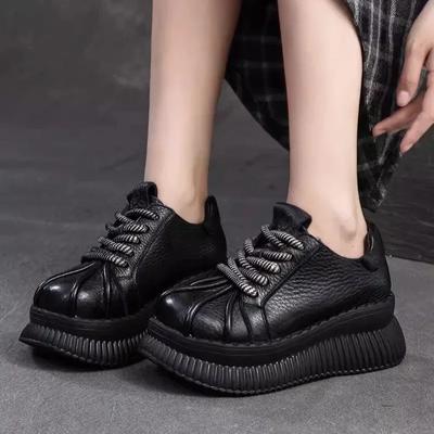 Fashion 6.5 CM Thick Soled Heightening Pumps 2024 Spring And Autumn New Leather Lace-up Versatile Retro Women's Platform Casual Shoes