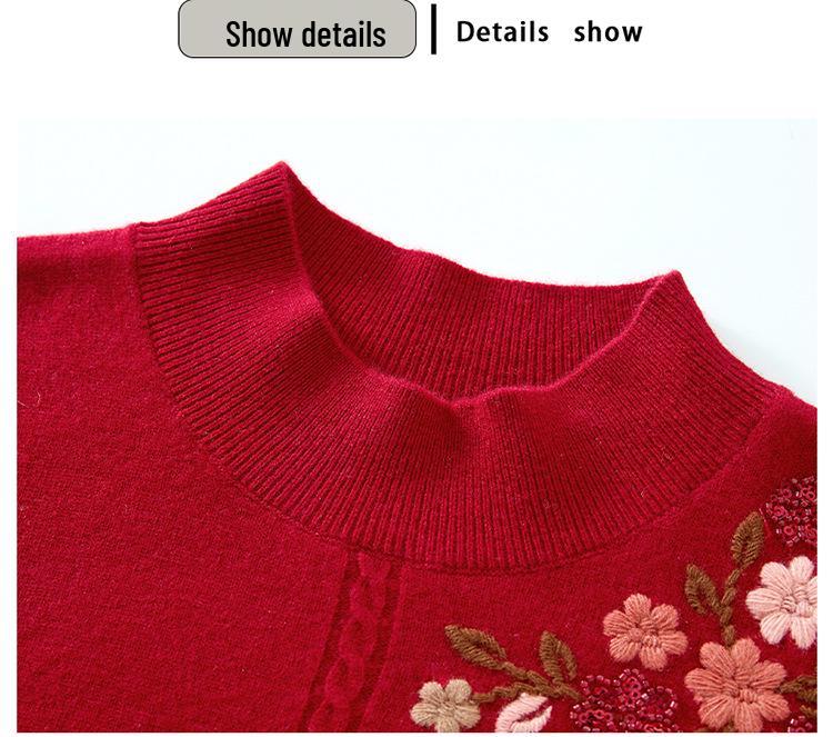 Women's 100% Pure Wool Embroidered Sweater - New 2025 Autumn/Winter Collection for Middle-Aged and Elderly