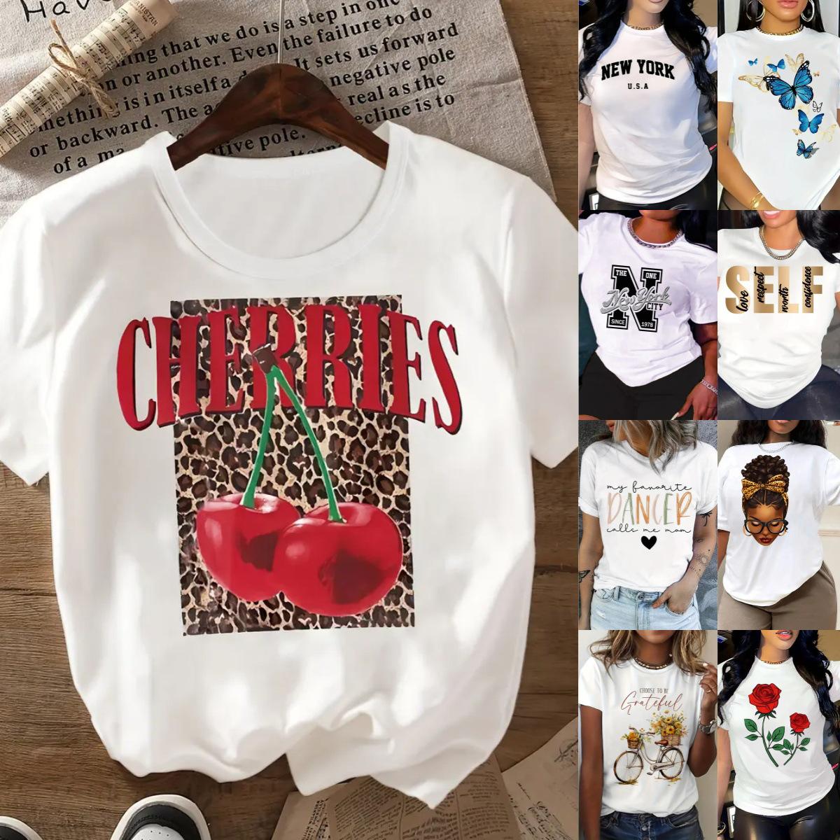 

Cherry Print Women s Crew Neck Short-Sleeve Top XXXL