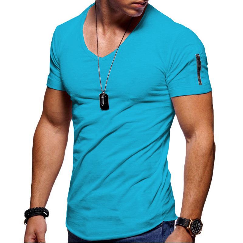 

Men s Plus Size V-neck Elastic Short Sleeve T-shirt - Pure Color Youth Style L небесно-голубой