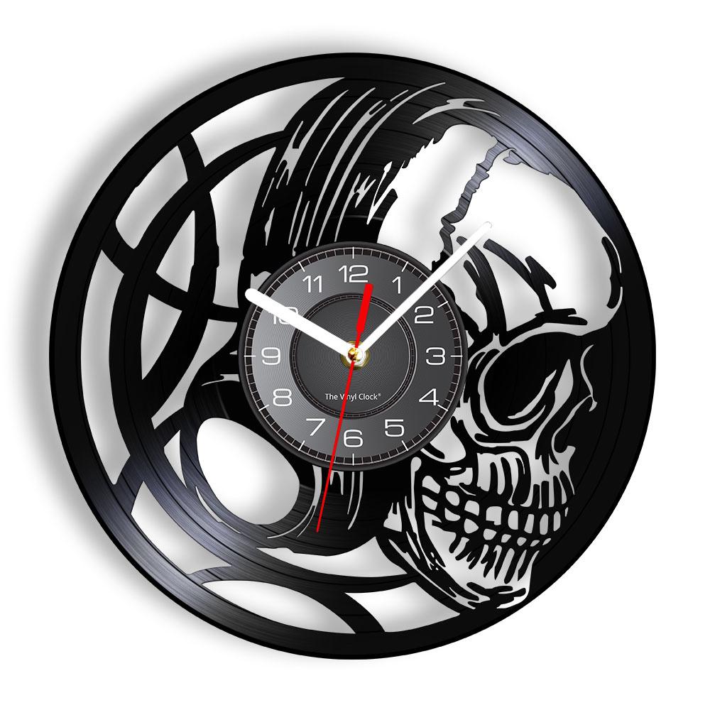 Schädel-Kopf-Vinyl-Schallplatten-Wanduhr im Alter von Skelett-Kopf-Wanduhr, Skelett-Vampir-Männer, Halloween-Dekor, Wandbehang-Uhr