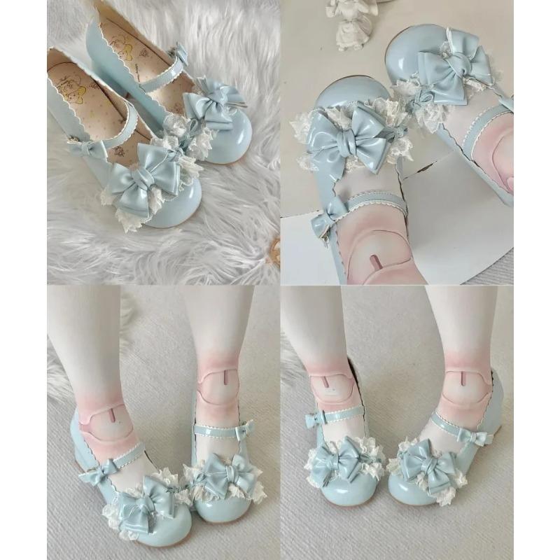 Urocze Damskie Buty Mary Jane na Średnim Obcasie Kokardka Koronka Urocze Buty Lolita Okrągły Nosek Grubszy Obcas Słodkie Szpilki Zapatos De Mujer