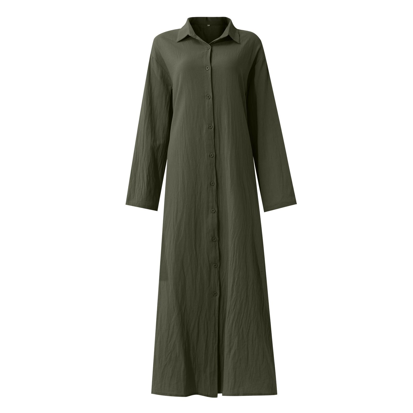 Женское повседневное хлопково-льняное однотонное свободное длинное платье-рубашка — фото 4
