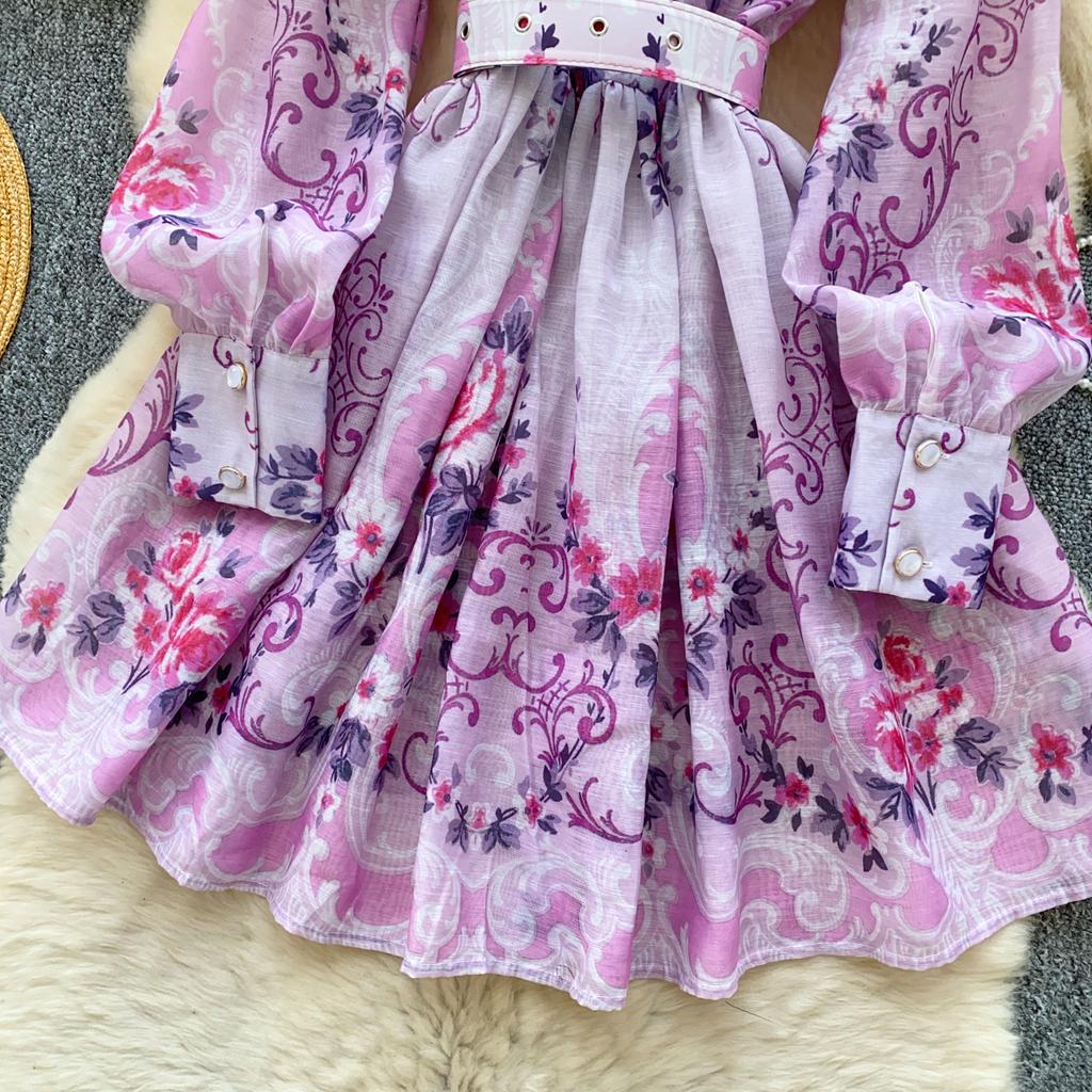 Frühling Sommer Frauen Elegante Volle Hülse Blume Drucken Mini Kurze Hemd Party Kleider Mit Gürtel