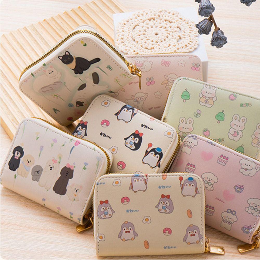 Cute Cartoon Print Mini Short Wallet Multi-slot PU Leather Organ Card Holder Lightweight Zipper Students Coin Purse