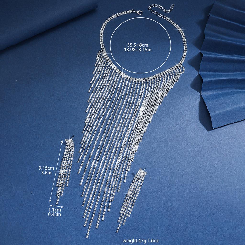 3PC Women's Fashion Copper Claw Chain Series Long Tassel Necklace Earrings Zircon Set Wedding Banquet Party Holiday Gift