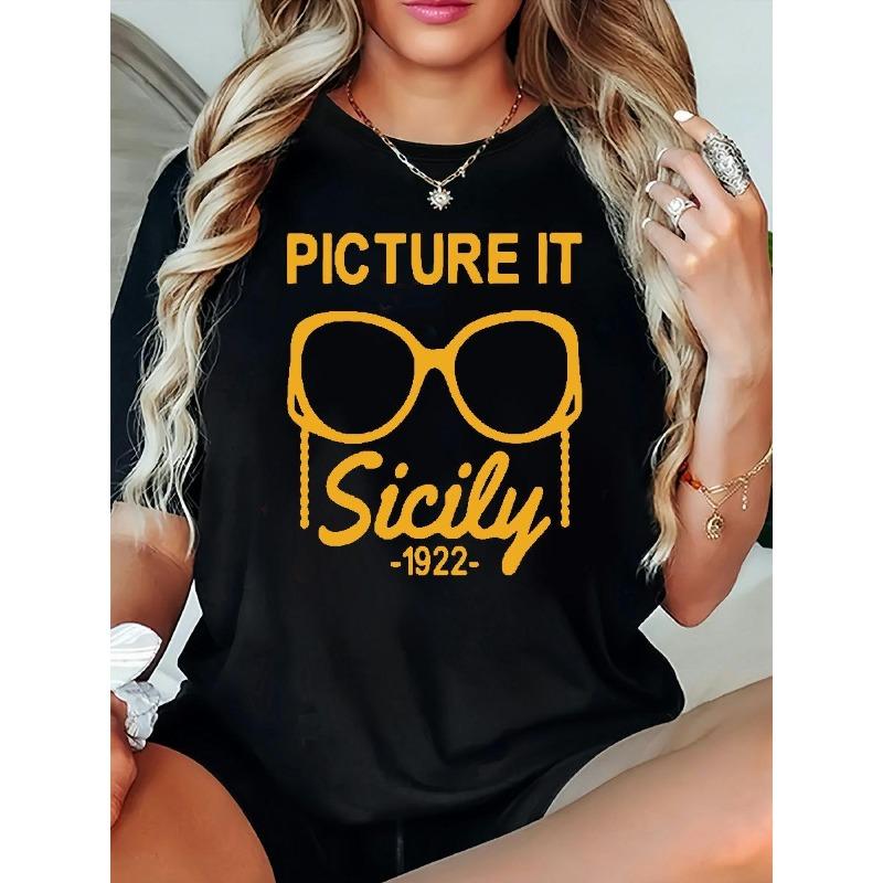 

European Size Plus Size Women s Casual Crew Neck T-Shirt, Printed with Picture It Sicily 1922 , Spring Summer Autumn Short Sleeve Loose Top 4XL