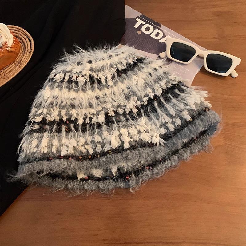 Sweet long brushed mohair knitted hat women's autumn and winter warm colored beanie striped plush fisherman hat