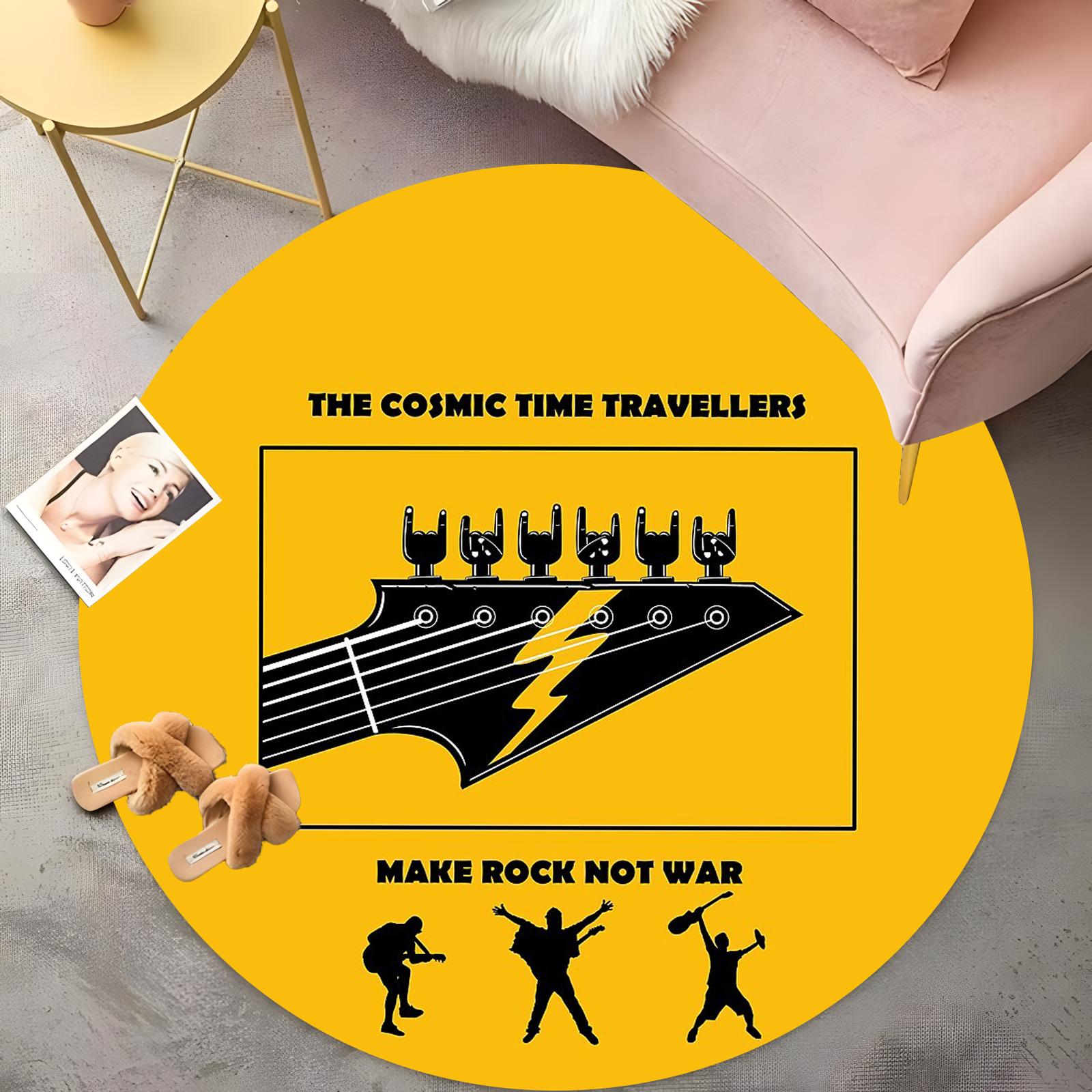 

Cosmic Rock Round Rug Time Traveller Guitar Design with Make Rock Not War Slogan, Retro Music Lover Carpet,Non-Slip Stage Mat 60cm