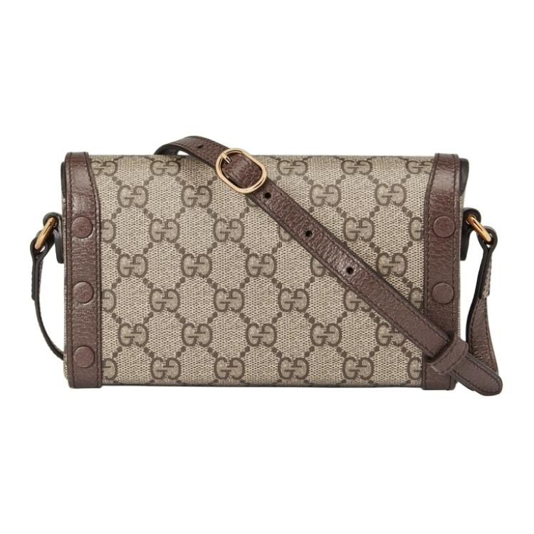 Gucci Cherry Print Logo Leather Trim Supreme Canvas Box Bag Men Shoulder Bag Brown 700733-U5TAG-8679