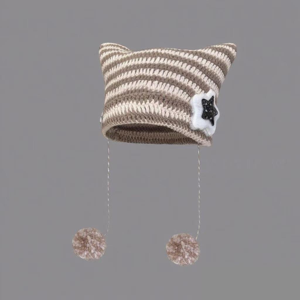 Korean Style Knitted Kitten Ears Beanie - Striped, Warm, Unisex Wool Hat for Students